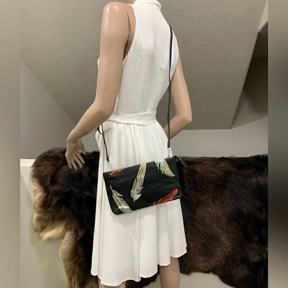 Handmade Genuine Leather Feather Embossed XL Zip Clutch/Wristlet/ Crossbody